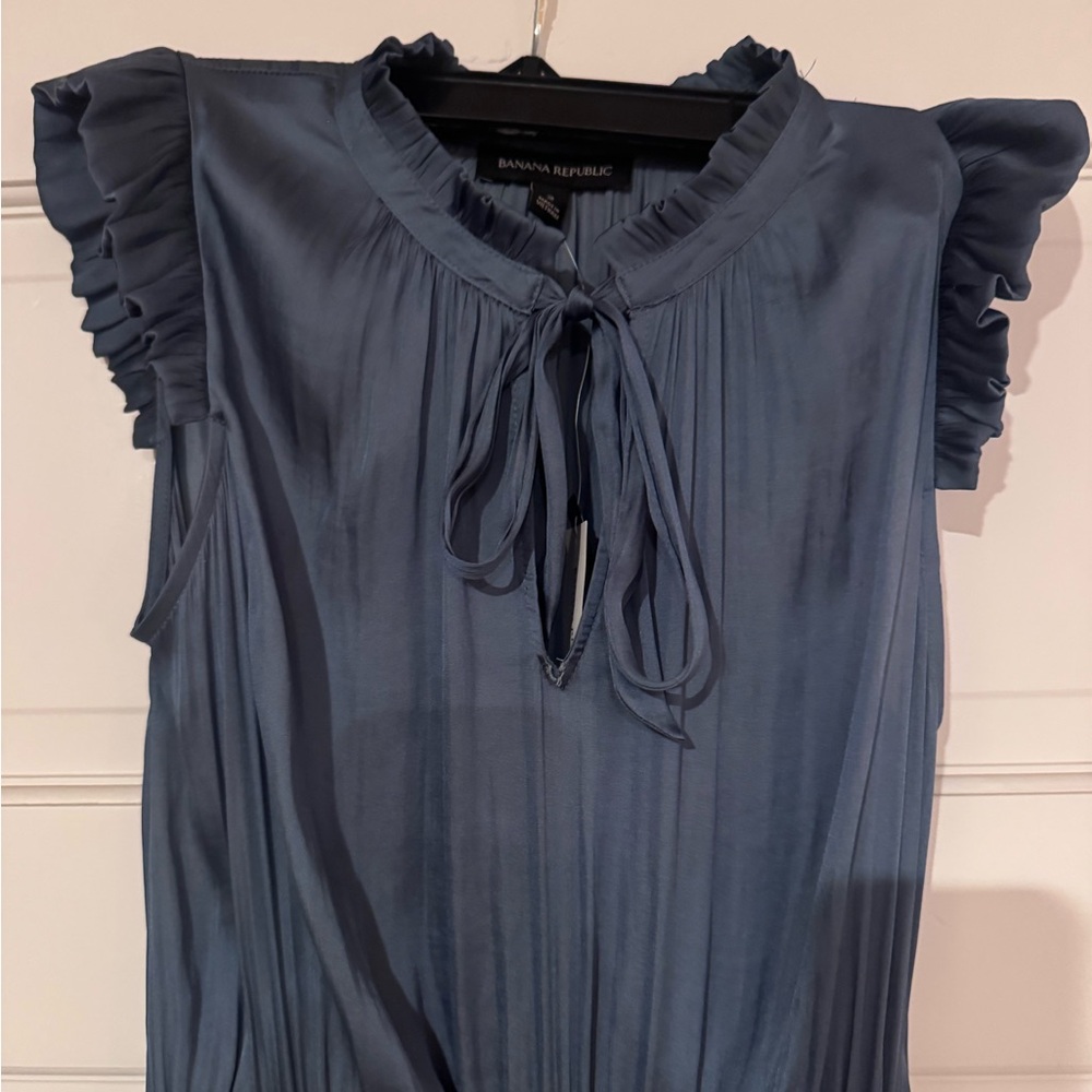 Banana Republic New With Tags Satin Tie Neck Dusk Blue Maxi Dress Size 2 - Picture 3 of 6